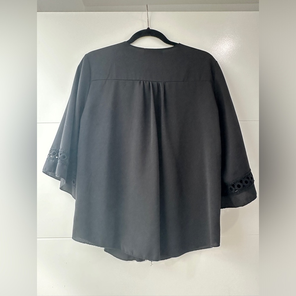 Black Lace Trim Blouse Womens Boho Chic Flowy Top Date Night Casual | Size S - Picture 12 of 13